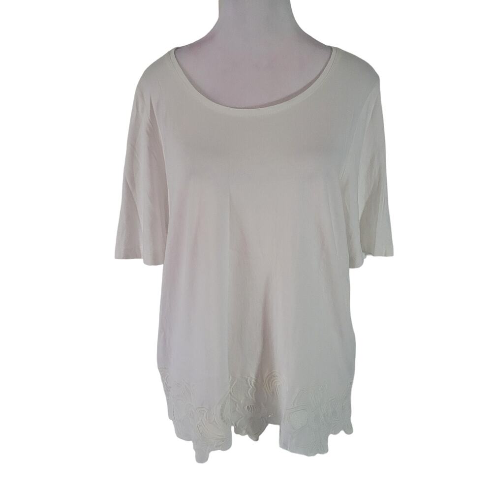 Chico's Size 2 US M Embroidered Cut-Out Lace-Hem Tee White Feminine‎ Minimalist